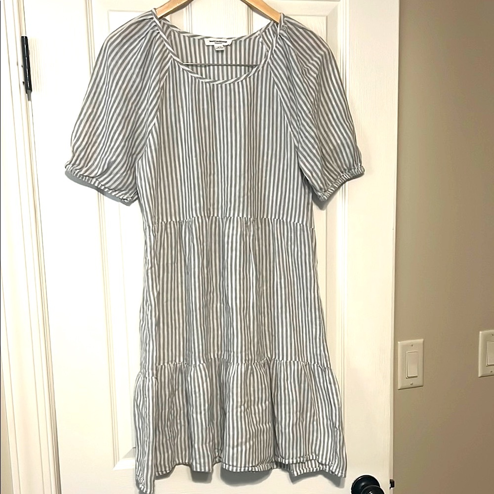 Linen blend BeachLunchLounge pullover dress swim coverup gray white stripes S